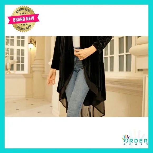 Velvet Blazer Coat Asymmetric Ruffled Long Sleeve Elegant Chic Cardigan Jacket - Picture 8 of 8